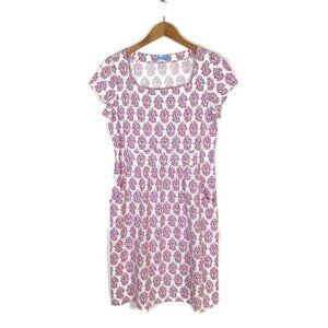 J McLaughlin Sz L Dress Pockets Short Sleeve Sheath White Floral Nautical Beach
